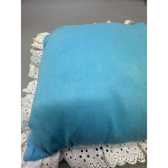 Handmade Blue Throw Pillow Cross Stitch Child bird Design White Lace Trim READ - Picture 8 of 8